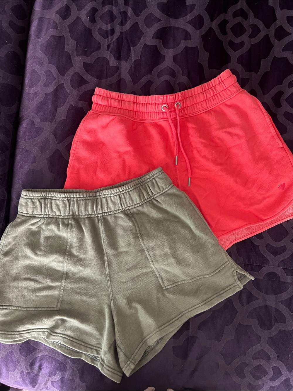 aerie Drawstring Terry Style Shorts in Coral and Olive